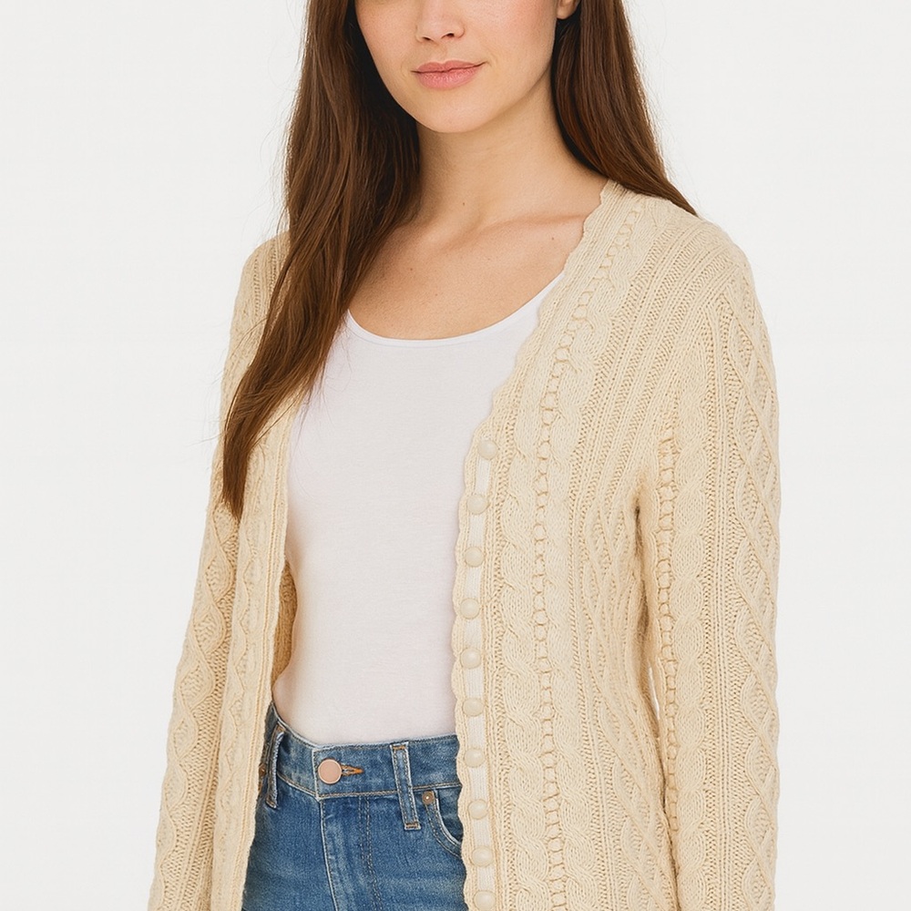 100% Cashmere Vintage Cardigan Sweater  Soft Ivory Cable Knit Sz S-M Excellent